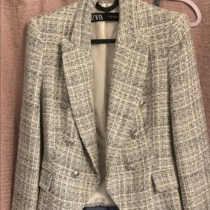 Zara Gray Blazer Tailored Tweed Jacket